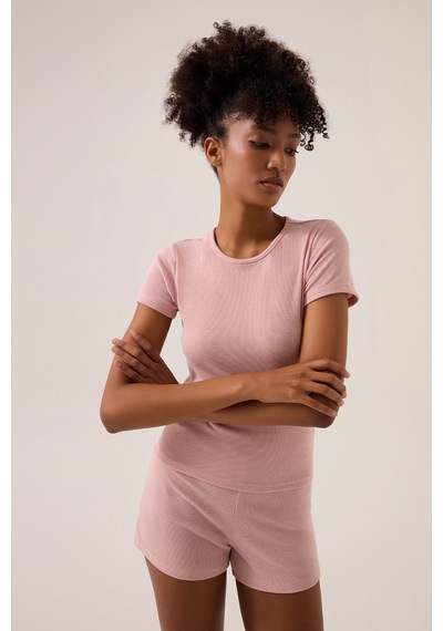 Los Ojos X Ece Pembe Modal Kumaşlı Kısa Kollu Şortlu Pijama Takımı Ribbed Pj4 Pembe Pembe