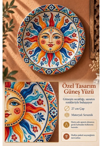 Dekoratif Duvar Tabağı - Güneş Yüzü Desenli - Dekorlu Seramik Tabak