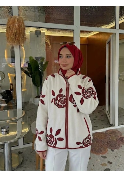 Trend Paris Gül Desenli Polar Hırka / Fermuarlı Ceket Kırmızı Standart