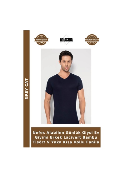 Grey Cat Nefes Alabilen Günlük Giysi Ev Giyimi Erkek Lacivert Bambu Tişört V Yaka Kısa Kollu Fanila