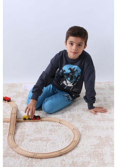 Hçm Erkek Çocuk Eşofman Takımı Palmiye Baskılı Ribanalı 4 Mevsim Bisiklet Yaka F13 Mavi