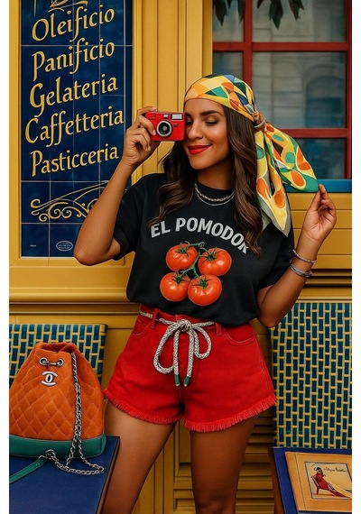 El Pomodor Baskılı Unisex Tshırt SIYAH
