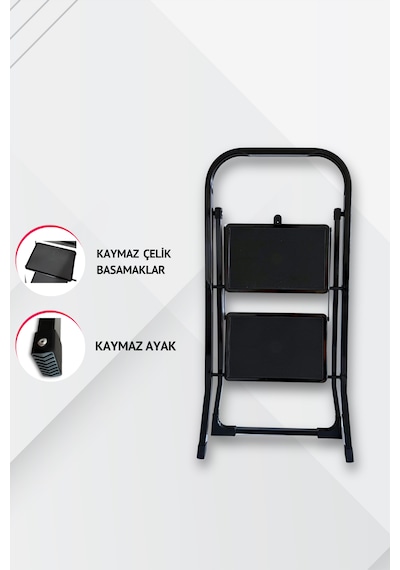 Portalife 2 Basamaklı Siyah Çelik Merdiven Ekstra Güvenli & Ultra İnce Katlanabilir Tasarım