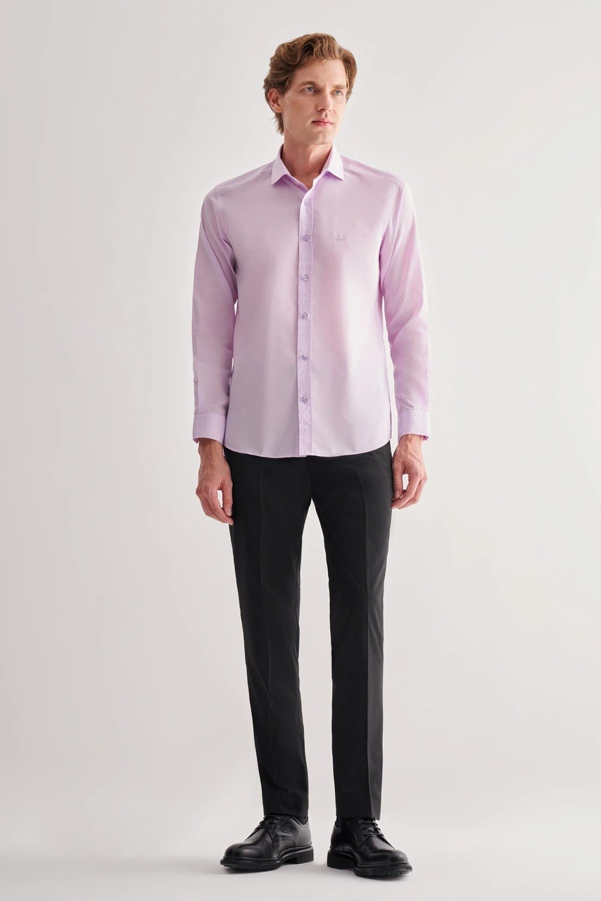 İmza Lila Yarım İtalyan Yaka Uzun Kol Slim Fit Pamuklu Gömlek 1004255180 Lila