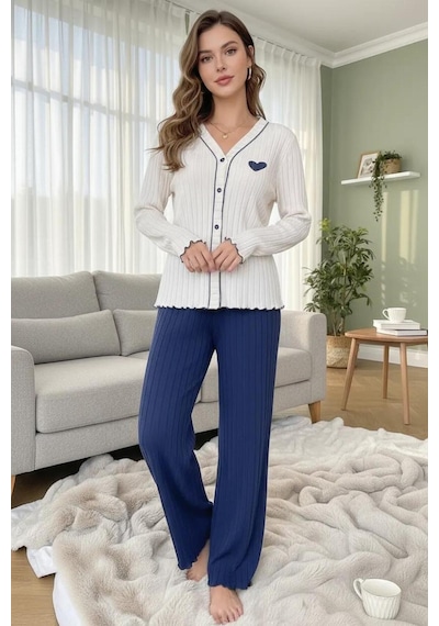 Bella Notte Kalp Detaylı Nakışlı Bej - Lacivert Uzun Kollu Pijama Takımı