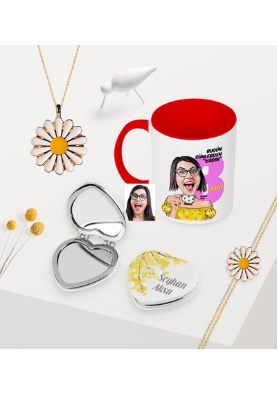 Kadınlara Özel Karikatürlü Kupa Çiçekli Ayna Papatya Kolye Bileklik Seti - 3