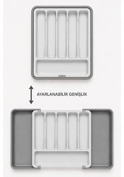 Çift Taraflı Uzayabilir Pratik Çekmece İçi Kaşıklık Organizer Ayarlanabilir Sürgülü Gri Renk Kaşıklık Düzenleyici Gri