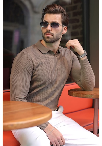 Madmext Açık Kahverengi Regular Fit Polo Yaka Triko Erkek Kazak E7509