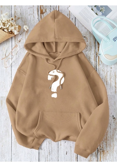 Startmore Kahverengi Unisex Kadın/erkek Soru Renkli Özel Baskılı Pamuklu Oversize Kapüşonlu