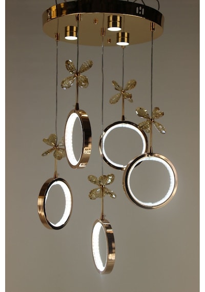 Galaksi Simli Halka Çemberli Seri Kelebek Detaylı Gold Modern Led Avize