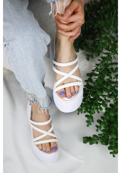 Asmi Shoes Kadın Paris Kalın Taban 9 Cm Ortopedik Sandalet Beyaz Beyaz