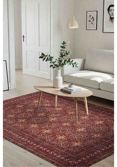 Artloop Relic Bordo Vintage Dokulu Geleneksel Desenli Dokuma Tabanlı Şönil Halı Al 477 Bordo & Krem