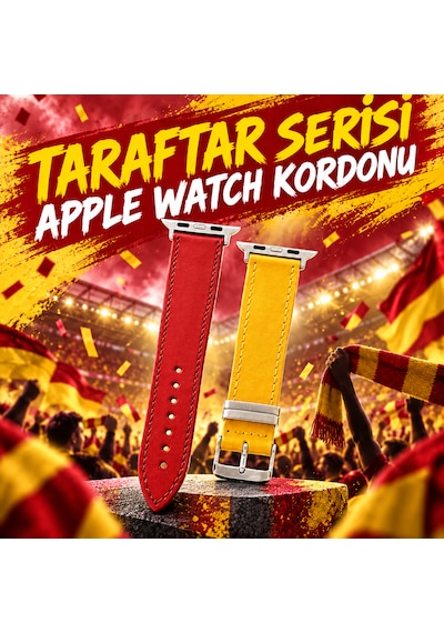 Goldoni Apple Watch Uyumlu Sarı Kırmızı İnce Hakiki Deri Taraftar Kordonu Metal Köprülü