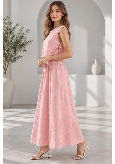 Mevese Beli Lastikli Ve Yan Bağlamalı Müslin Etek-crop Takım - Şeker Pembe