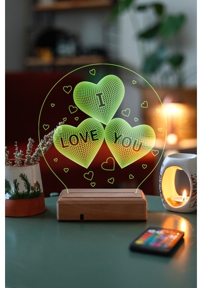 Sevgiliye 3 Kalp I Love You 16 Renk Kumandalı 3d Gece Lambası Çok Renkli