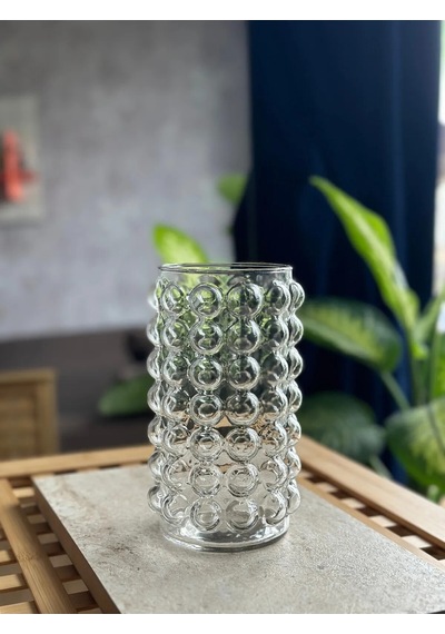 El İşçiliği Silindir Bouble Desenli Fenomen Dekoratif Vazo Mumluk 10x 25 Cm Yükseklik Beyaz
