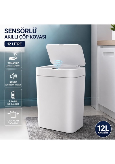 12 Litre Sensörlü Çöp Kovası, Otomatik Temassız Akıllı Çöp Kutusu, Sessiz Kapanan Kapaklı, 2 Aa Pille Çalı