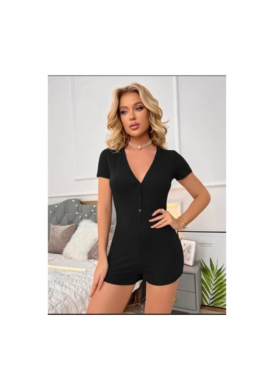 Butik İstanbul Kadın Kısa Kollu Önü Düğmeli Mini Bodycon Fitilli Kaşkorse Tulum Siyah