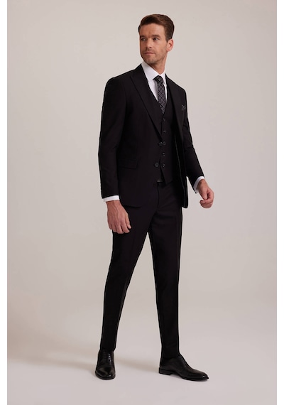 Erkek Siyah Slim Fit Yelekli Sivri Yaka Takım Elbise