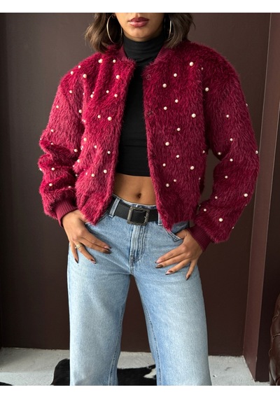 Verymoda Suni Kürk Bomber Ceket - İnci Detaylı Bordo