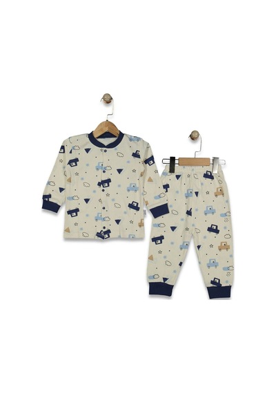 Bebegen Erkek Çocuk Ekru Laci Arabalı Desenli Çıtçıtlı Pijama Takımı Çok Renkli