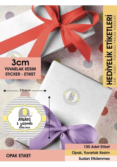 Erkek Çocuk Sarı Fil Konsept, Cemiyetleriniz İçin 3cm - 100 Adet Opak Sticker Renkli