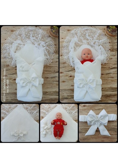 Mevlütlük Dantelli Bebek Kundağı Unisex Bebek Dış Kundak Battaniyesi Hastane Çıkışı Yenidoğan Kundak Ekru