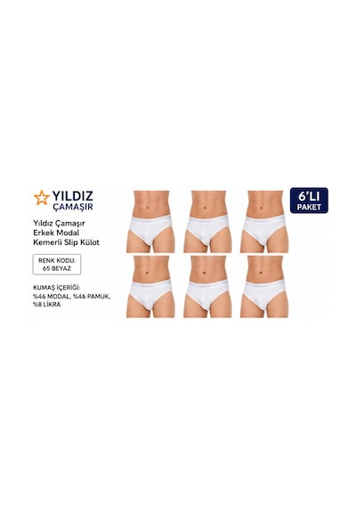Yıldız Çamaşır Erkek Modal Likralı Kemerli Slip Külot 65-66-67 - 6 Adet Beyaz