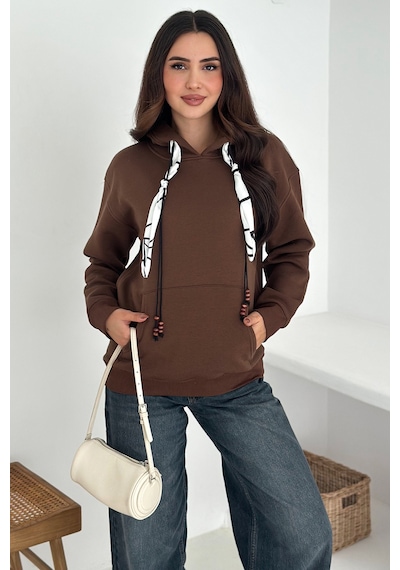 Noa & Noa Kadın Fular Detaylı Kapüşonlu Sweatshirt Casual Charm Kahverengi