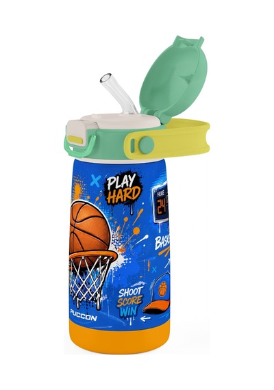 Puccon 420 Ml Erkek Çocuk Basketbol Baskılı Mavi Kahverengi Çelik Matara Termos - Sızdırma - 60031 Çok Renkli