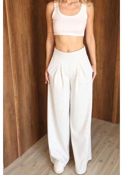 Ozy Fashion Kadın Modal Kumaş Yüksek Bel Pileli Geniş Paça Cepli Eşofman Altı Gri