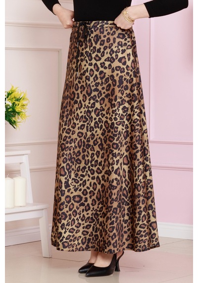 Sevitli Beli Bağcıklı Leopar Desenli Etek-hardal-4715 Hardal