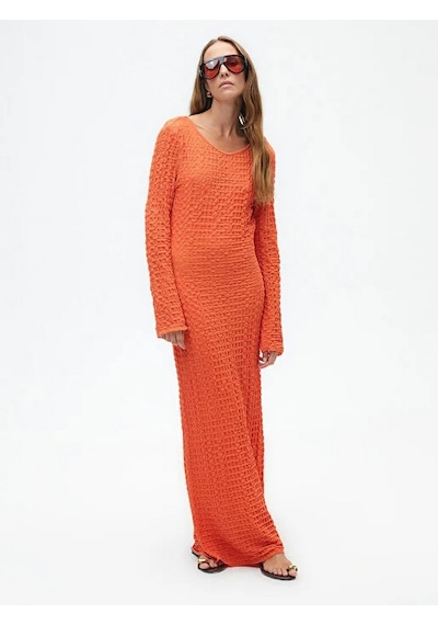 Nocturne Oversize Maxi Elbise - Uzun Kol - Minimalist Stil Kırmızı