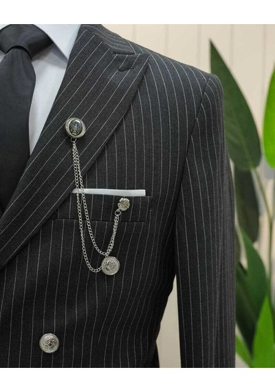 Beystil Sivri Yaka Siyah Çizgili Kruvaze Takım Elbise Bezayak036- Slim Fit Siyah