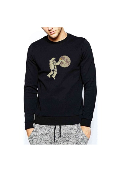 Astronot Cleaner Baskılı Siyah Erkek Örme Sweatshirt