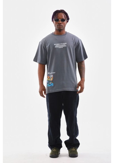 Erkek Tişort Bisiklet Yaka Baskılı Oversize T-shirt - Gri