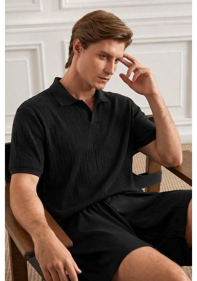 Tarz Cool Erkek Jakar Desenli Düğmesiz Polo Yaka Tişört Slim Fit Yazlık Triko Tişört Siyah