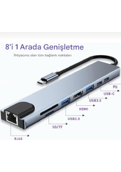8 In 1 Apple Uyumlu MacBook Pro Air Usb Type-c Hub Dönüştürücü Çevirici Çoklayıcı Usb Hdmı Micro Sd Girişli