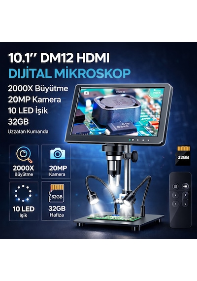10.1'' Dm12 Hdmı Dijital Mikroskop 2000x Büyütme 20mp Kamera 10 Led Işık 32 Gb Uzaktan Kumanda