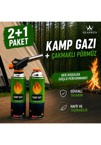2+1 Çakmaklı Pürmüz Yedek Kartuşu Kamp Gazı 400 Ml Piknik Kamp Mangal Mutfak Ateş Tutuşturucu Yeşil