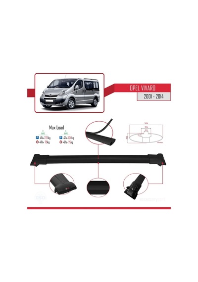 Opel Vivaro 2001-2014 Arası İle Uyumlu Fly Model Ara Atkı Tavan Barı Siyah 3 Adet Bar
