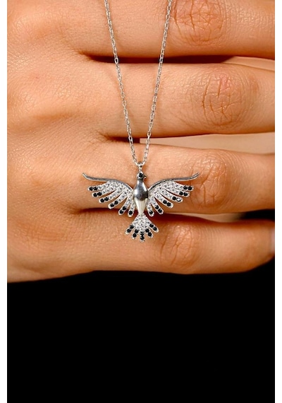 Roza Silver Oniks Taşlı Rodyum Anka Kuşu Gümüş Kolye