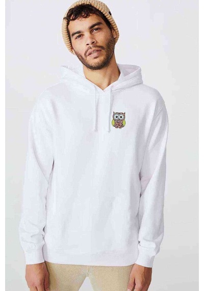 Baykuş Göğüs Baskılı Beyaz Erkek Örme Kapşonlu Sweatshirt