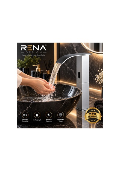 Rena Design Fotoselli Sensörlü Krom Kare Çanak Lavabo Bataryasi Temassiz Otomatik Tasarruflu Modern Musluk