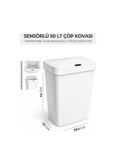 Temassız Otomatik Sensörlü Hijyenik Çöp Kovası Yerli Üretim 50 Litre-beyaz