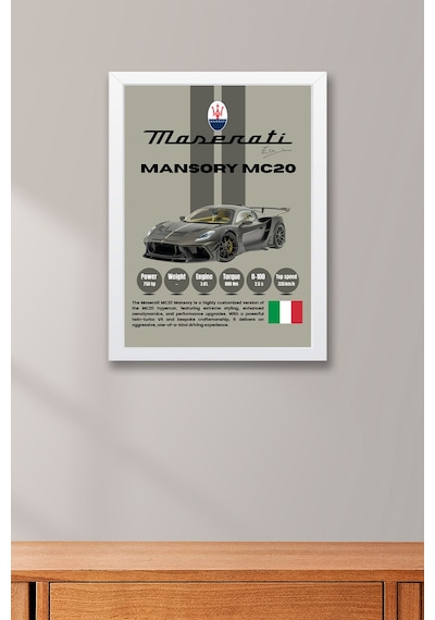Maserati Mansory Mc20 Premium Araba Tablosu - Teknik Özellikli İtalyan Otomobil Duvar Dekoru Beyaz