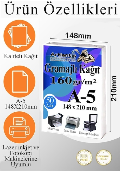 A5 Gramajlı Fotokopi Kağıdı 50 Adet 160 Gr Sertifika Kağıdı Kalın Kağıt Baskı Tüm Yazıcılara Uyumlu 14.8x21cm Ofis Büro