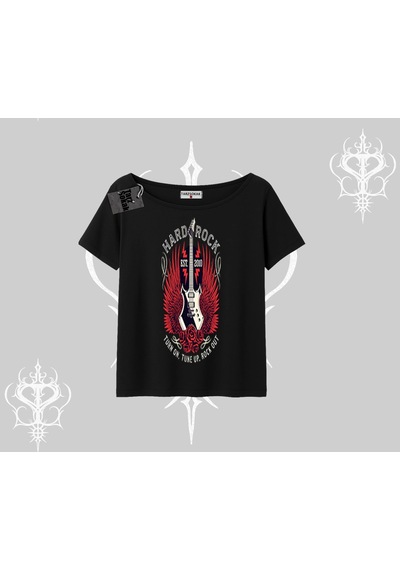 Tarzsokak Kayık Yaka Tshirt Hard Rock Winged Guitar Rebellion Siyah