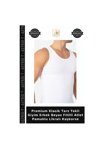 Astrid T Premium Klasik Tarz Tekli Giyim Erkek Beyaz Fitilli Atlet Pamuklu Likralı Kaşkorse