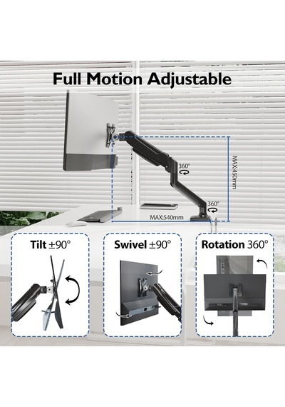 13-32 İnç Gazlı Amortisörlü Tekli Monitör Kolu, 9 Kg A Kadar, Tam Hareketli, Vesa 75x75/100x100